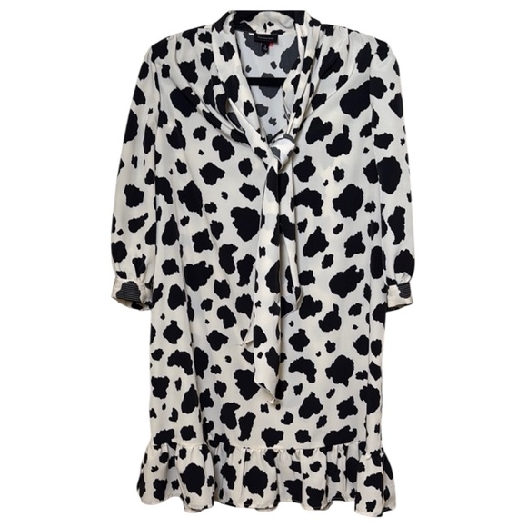 🍁 Who What Wear Small Cow Print Dress Offwhite Black Ruffle Bottom Front Tie - Picture 1 of 6